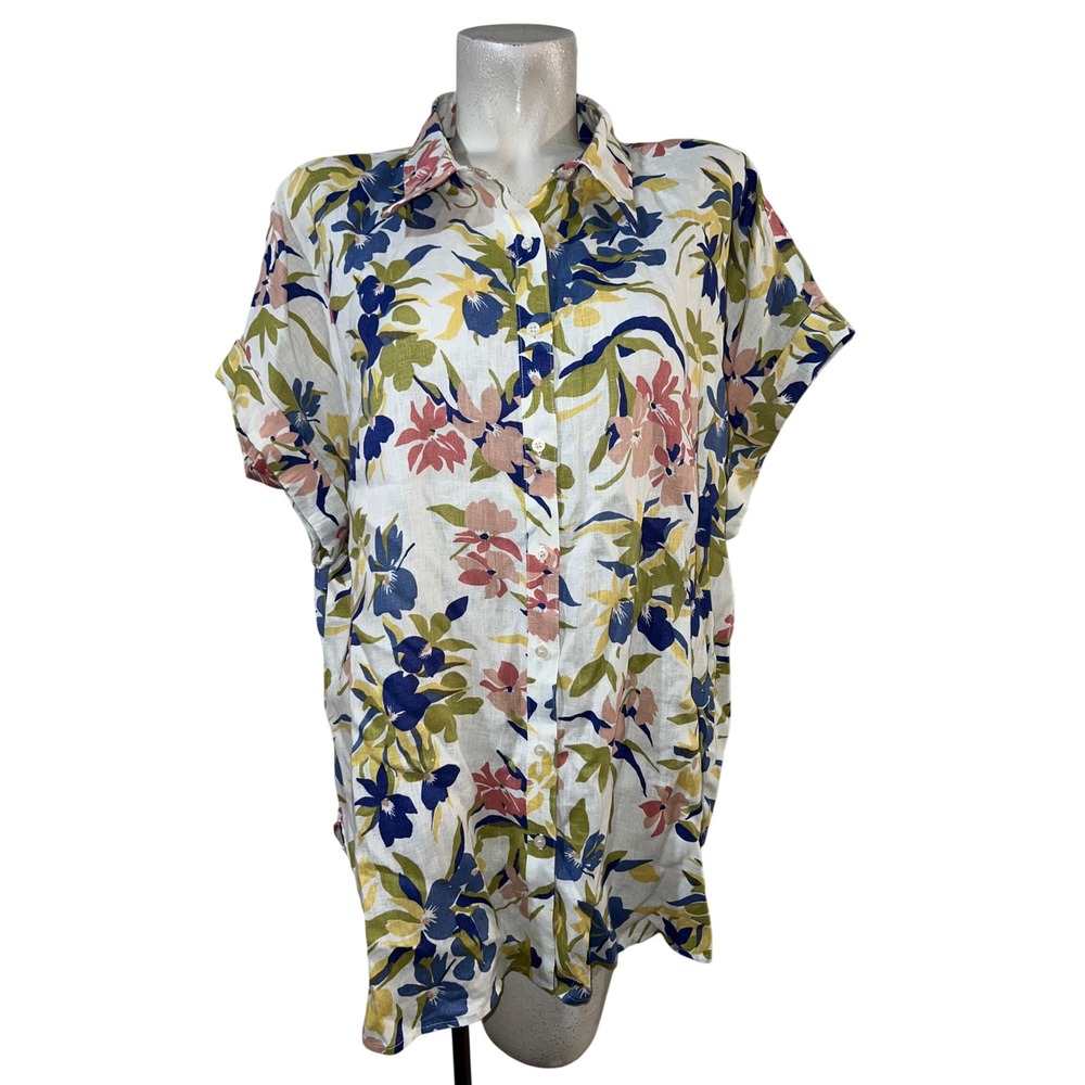 Lauren Ralph Lauren Womens 3X Linen Floral Button Down Shirt Short Sleeve White